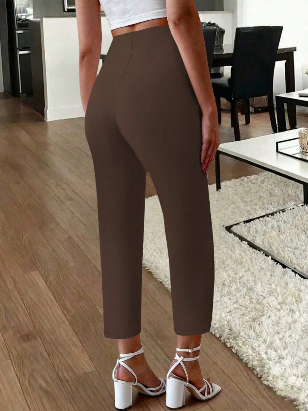 Coffee Brown Women's Elegant Pleated Side Pocket Slim Fit Pants - Picture 3 of 6
